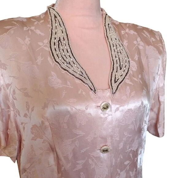 VTG 80s Pink Floral Satin Beaded Pearl Applique Button Up Cottagecore Blouse XL - Picture 15 of 17